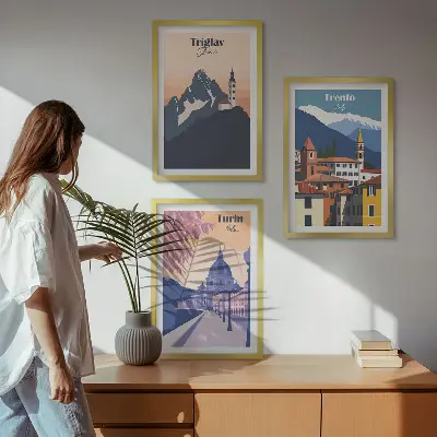 Fotowand met retro illustraties van bergen en architectuur