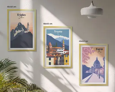 Fotowand met retro illustraties van bergen en architectuur