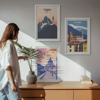 Fotowand met retro illustraties van bergen en architectuur