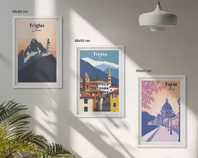 Fotowand met retro illustraties van bergen en architectuur