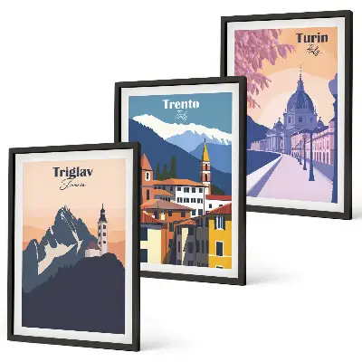 Fotowand met retro illustraties van bergen en architectuur