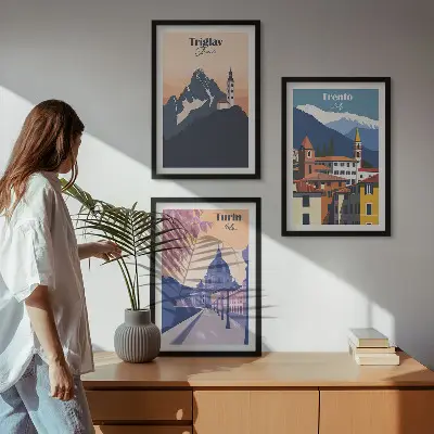 Fotowand met retro illustraties van bergen en architectuur
