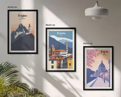 Fotowand met retro illustraties van bergen en architectuur
