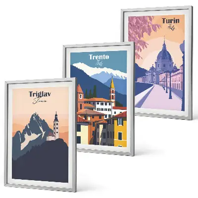 Fotowand met retro illustraties van bergen en architectuur