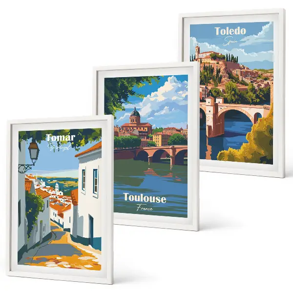 Wanddecoratieset met stadsgezichten schilderijen in retrostijl