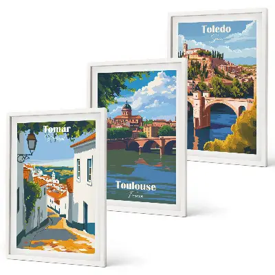 Wanddecoratie set schilderijen Grafiki miast w stylu retro
