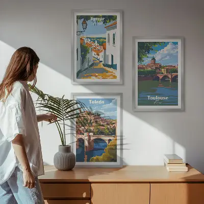 Wanddecoratieset met stadsgezichten schilderijen in retrostijl