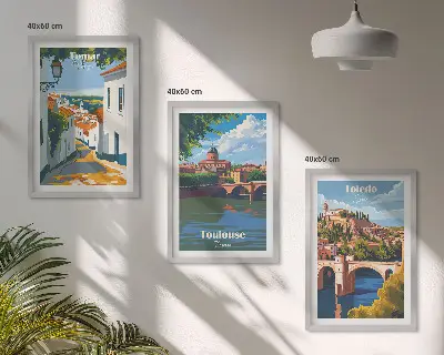 Wanddecoratieset met stadsgezichten schilderijen in retrostijl