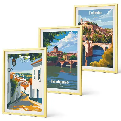 Wanddecoratieset met stadsgezichten schilderijen in retrostijl