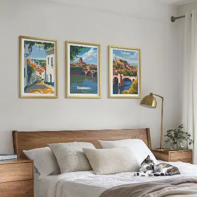 Wanddecoratieset met stadsgezichten schilderijen in retrostijl
