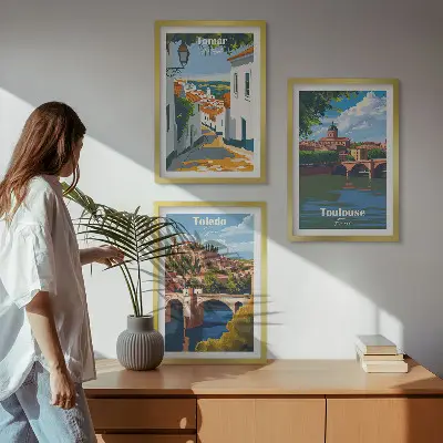 Wanddecoratieset met stadsgezichten schilderijen in retrostijl