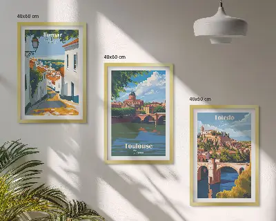 Wanddecoratieset met stadsgezichten schilderijen in retrostijl