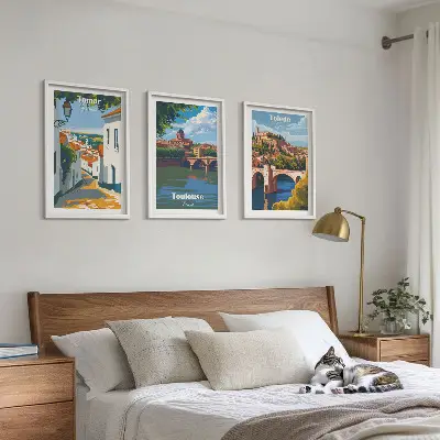 Wanddecoratieset met stadsgezichten schilderijen in retrostijl