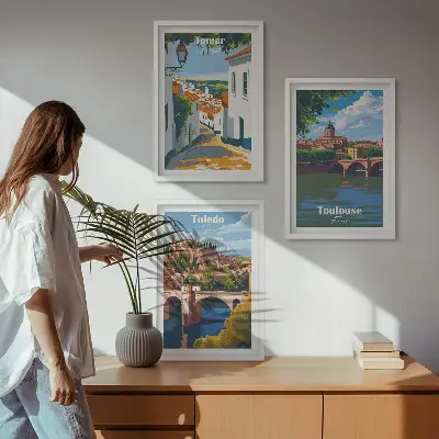 Wanddecoratieset met stadsgezichten schilderijen in retrostijl
