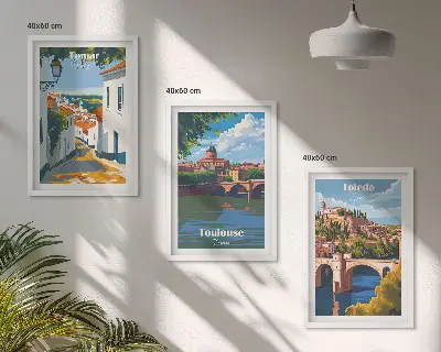 Wanddecoratieset met stadsgezichten schilderijen in retrostijl