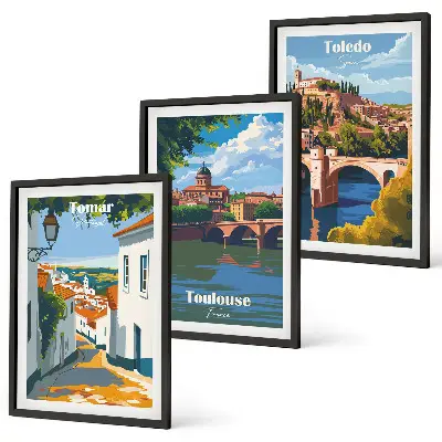 Wanddecoratieset met stadsgezichten schilderijen in retrostijl