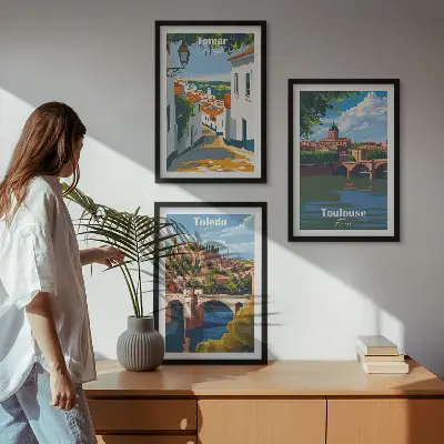 Wanddecoratieset met stadsgezichten schilderijen in retrostijl