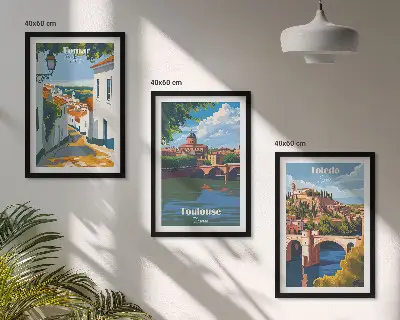 Wanddecoratieset met stadsgezichten schilderijen in retrostijl