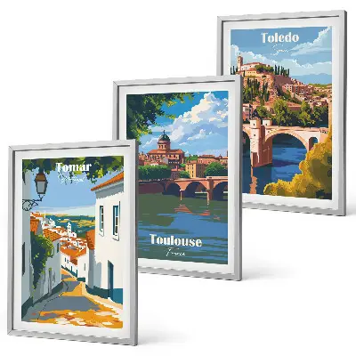 Wanddecoratieset met stadsgezichten schilderijen in retrostijl