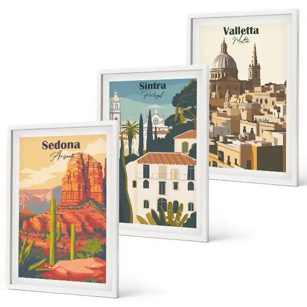 Wanddecoratieset met schilderijen retro uitzichten van Sedona, Sintra en Valletta