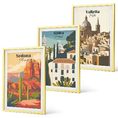 Wanddecoratieset met schilderijen retro uitzichten van Sedona, Sintra en Valletta