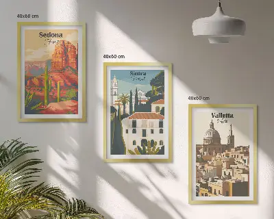 Wanddecoratieset met schilderijen retro uitzichten van Sedona, Sintra en Valletta
