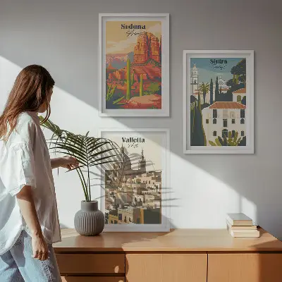Wanddecoratieset met schilderijen retro uitzichten van Sedona, Sintra en Valletta