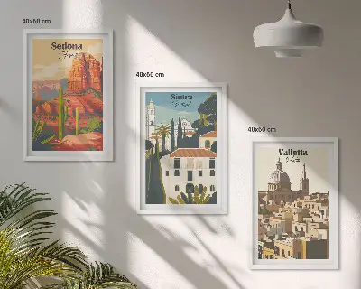Wanddecoratieset met schilderijen retro uitzichten van Sedona, Sintra en Valletta