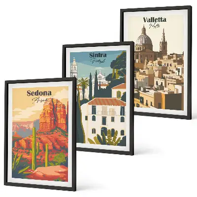 Wanddecoratieset met schilderijen retro uitzichten van Sedona, Sintra en Valletta