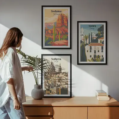Wanddecoratieset met schilderijen retro uitzichten van Sedona, Sintra en Valletta