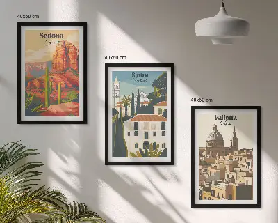 Wanddecoratieset met schilderijen retro uitzichten van Sedona, Sintra en Valletta