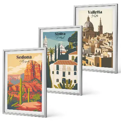 Wanddecoratieset met schilderijen retro uitzichten van Sedona, Sintra en Valletta