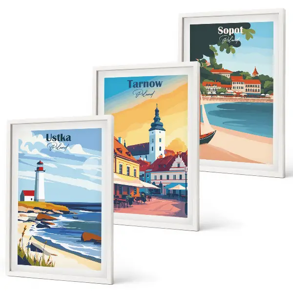 Wanddecoratieset met schilderijen stadsgezichten van Ustka Tarnów en Sopot