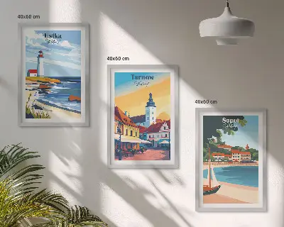 Wanddecoratieset met schilderijen stadsgezichten van Ustka Tarnów en Sopot