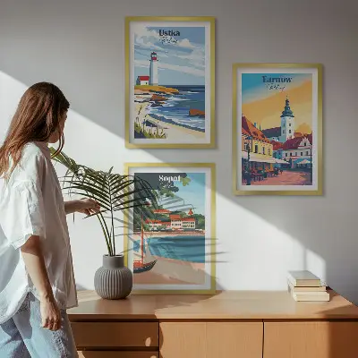 Wanddecoratieset met schilderijen stadsgezichten van Ustka Tarnów en Sopot