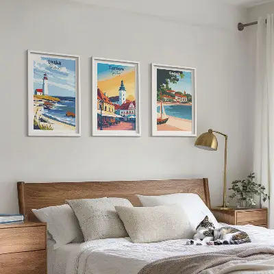 Wanddecoratieset met schilderijen stadsgezichten van Ustka Tarnów en Sopot