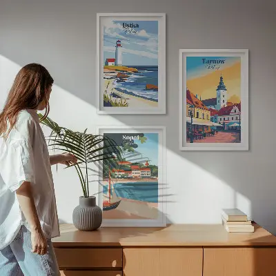 Wanddecoratieset met schilderijen stadsgezichten van Ustka Tarnów en Sopot