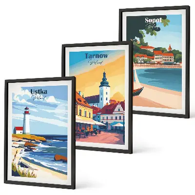Wanddecoratieset met schilderijen stadsgezichten van Ustka Tarnów en Sopot