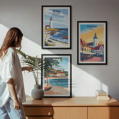 Wanddecoratieset met schilderijen stadsgezichten van Ustka Tarnów en Sopot
