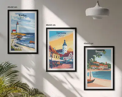Wanddecoratieset met schilderijen stadsgezichten van Ustka Tarnów en Sopot