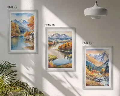 Wanddecoratieset schilderijen herfstige bomen bij de bergrivier
