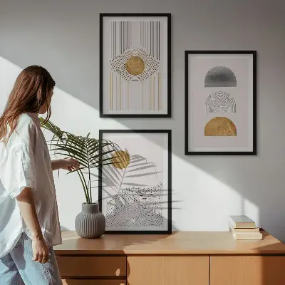 Wanddecoratie set schilderijen abstracte vormen in beige en grijs