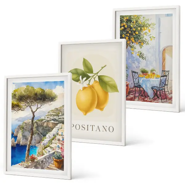 Wanddecoratieset schilderijen uitzicht op Positano met citroenen