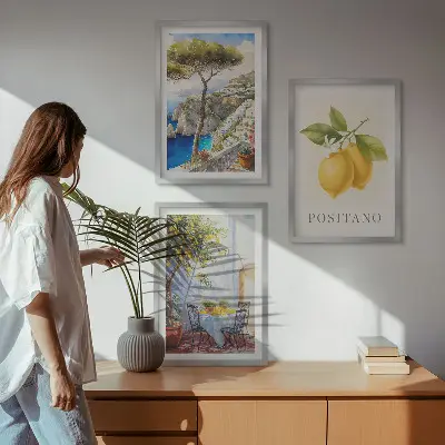 Wanddecoratieset schilderijen uitzicht op Positano met citroenen
