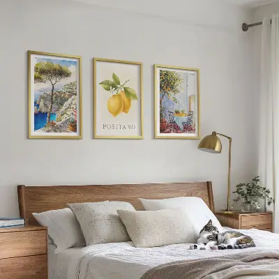 Wanddecoratieset schilderijen uitzicht op Positano met citroenen