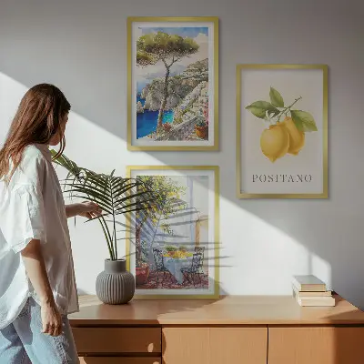 Wanddecoratieset schilderijen uitzicht op Positano met citroenen