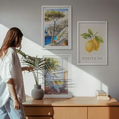 Wanddecoratieset schilderijen uitzicht op Positano met citroenen