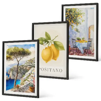 Wanddecoratieset schilderijen uitzicht op Positano met citroenen