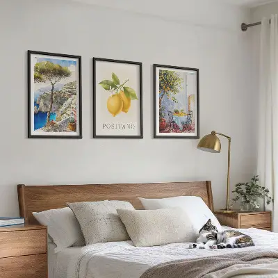 Wanddecoratieset schilderijen uitzicht op Positano met citroenen