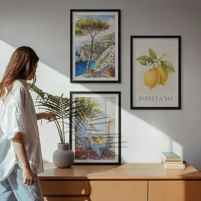 Wanddecoratieset schilderijen uitzicht op Positano met citroenen